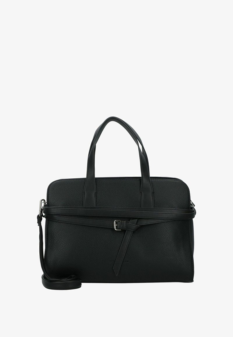 Bolso de mano de cuero negro con superficie texturizada, doble asa en la parte superior, correa de hombro desmontable y una correa estrecha envuelta en la parte frontal con un hebilla.