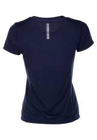 Navy blue short-sleeve athletic shirt made of lightweight fabric, featuring a round neckline and a logo at the back. Smooth texture.