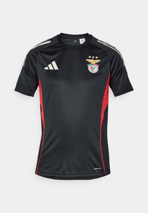 Black athletic jersey with red side accents, featuring a crew neck, short sleeves, Adidas logo, and a club emblem on the chest.