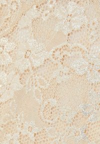 Beige kant stof met ingewikkelde bloemmotieven en een glanzende textuur, met een open weving en delicate details.
