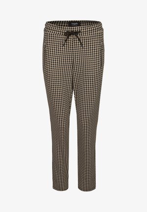 Pantalon à motif pied-de-poule marron et crème avec une ceinture à cordon de serrage et des jambes fuselées, doté de poches avant et d'une texture lisse.