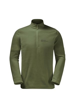 Olivgrüner Fleecepullover mit langen Ärmeln, Viertelreißverschluss und Stehkragen, mit dezentem Logo auf der linken Brust.