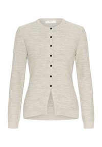 Šviesiai pilkas megztinis iš megztinio audinio, su apvalia apykakle, ilgomis rankovėmis, juodais mygtukais ir išskirstytu siūlės detalės apačioje.