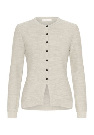 Svetlosivý kardigán z pletenej tkaniny s okrúhlym výstrihom, dlhými rukávmi, čiernymi gombíkmi a detailom s rozparkom na spodnom okraji.