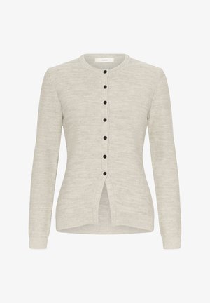 Svetlosivý kardigán z pletenej tkaniny s okrúhlym výstrihom, dlhými rukávmi, čiernymi gombíkmi a detailom s rozparkom na spodnom okraji.
