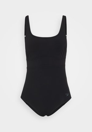 Černé jednodílné plavky s čtvercovým výstřihem a tenkými ramínky. Obsahuje šitý pás přes střední část a jemný detail s logem.