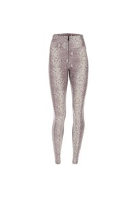 Leggings a vita alta in un motivo serpentino di un viola chiaro. Tessuto elastico con una texture liscia e un dettaglio con zip al centro della schiena.