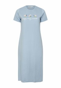 Vaaleansininen puuvillamekko lyhyillä hihoilla, jossa on kukka- ja teksti "Nauti jokaisesta hetkestä" valkoisella käsinkirjoitetulla tyylillä rinnassa.