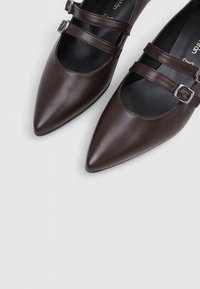 Zapatos Mary Jane de cuero marrón con punta afilada, que cuentan con dos correas ajustables con hebillas a lo largo del empeine y una textura suave.