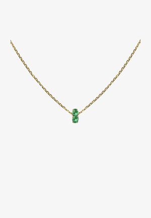 Collar de cadena dorada con dos piedras preciosas redondas y verdes, con un diseño moderno y suave. El acabado general es brillante y pulido.