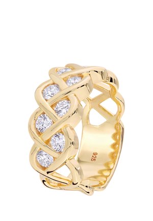 Goldener Ring mit offenem Gitterdesign mit runden klaren Edelsteinen, die in den Lücken gefasst sind, innen mit "925" markiert.