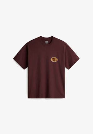Burgunderfarbene Baumwoll-T-Shirt mit kurzen Ärmeln und einem runden gelb-schwarzen Vans-Logo auf der linken Brustseite. Einfacher Rundhalsausschnitt.