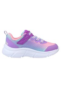 Scarpa atletica viola e rosa con tomaia in mesh traspirante, cinturino regolabile e suola in gomma bianca, caratterizzata da motivi testurizzati e dettagli con lacci.