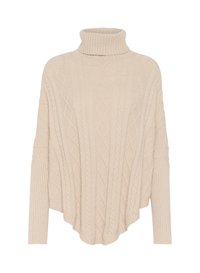 Beige Strick-Poncho mit Rollkragen und Rippdetails an den Ärmeln und dem Saum, zeichnet sich durch ein lockeres, fließendes Design und einen abgerundeten unteren Rand aus.