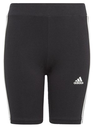 Shorts sportivi neri realizzati in tessuto elastico, con una vita alta, strisce laterali bianche e un piccolo logo Adidas bianco sul lato inferiore.