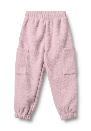 Pantalons en polaire rose clair avec taille élastique, bas de jambe resserrés et deux poches latérales à patch. Texture douce avec un design décontracté.