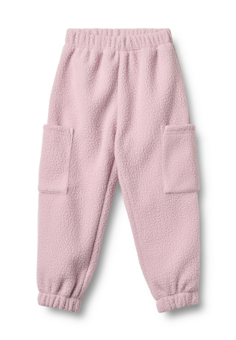 Ljust rosa fleecebyxor med elastisk midja, tapered muddar och två sidofickor. Mjuk textur med en avslappnad design.