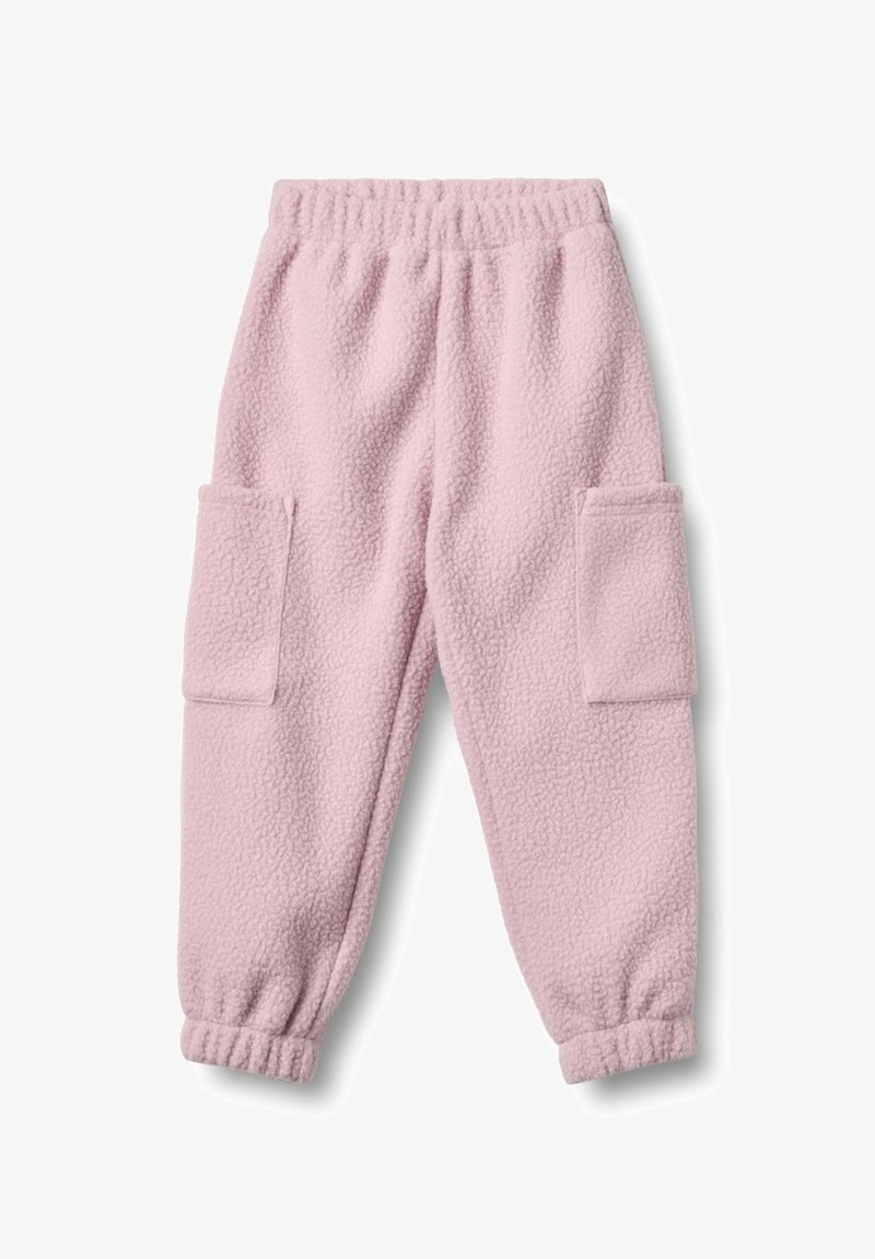 Helle rosa Fleece-Hosen mit elastischem Bund, schmal zulaufenden Säumen und zwei seitlichen Paspeltaschen. Weiche Textur mit einem lässigen Design.