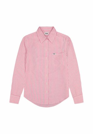 Langærmet skjorte med knapper, med lyserøde og hvide lodrette striber, spids krave og brystlomme med Wrangler-logoetiket.