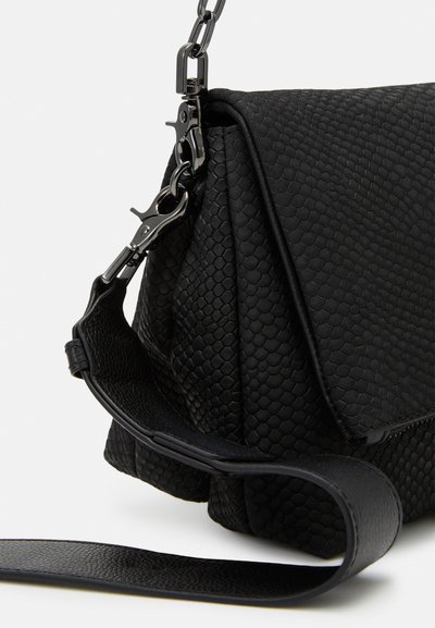 Black faux leather handbag with textured hexagonal pattern, adjustable strap, and silver-tone hardware, featuring a structured design.