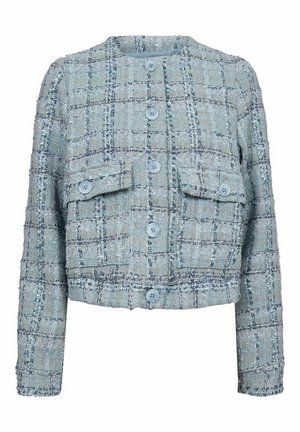 Světle modrá tvídová bunda s károvaným vzorem, obsahující dvě přední kapsy, kulatý výstřih a pět knoflíků. Zkrácený styl, strukturovaná tkanina.