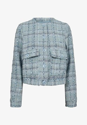 Helles blaues Tweed-Jacket mit kariertem Muster, ausgestattet mit zwei vorderen Taschen, rundem Ausschnitt und fünf Knöpfen. Kurz geschnitten, mit strukturiertem Stoff.