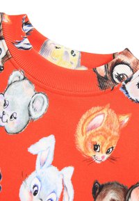 Red fabric with a ribbed collar featuring cartoon animal faces: bear, rabbit, cat, and others, in various colors and playful expressions.