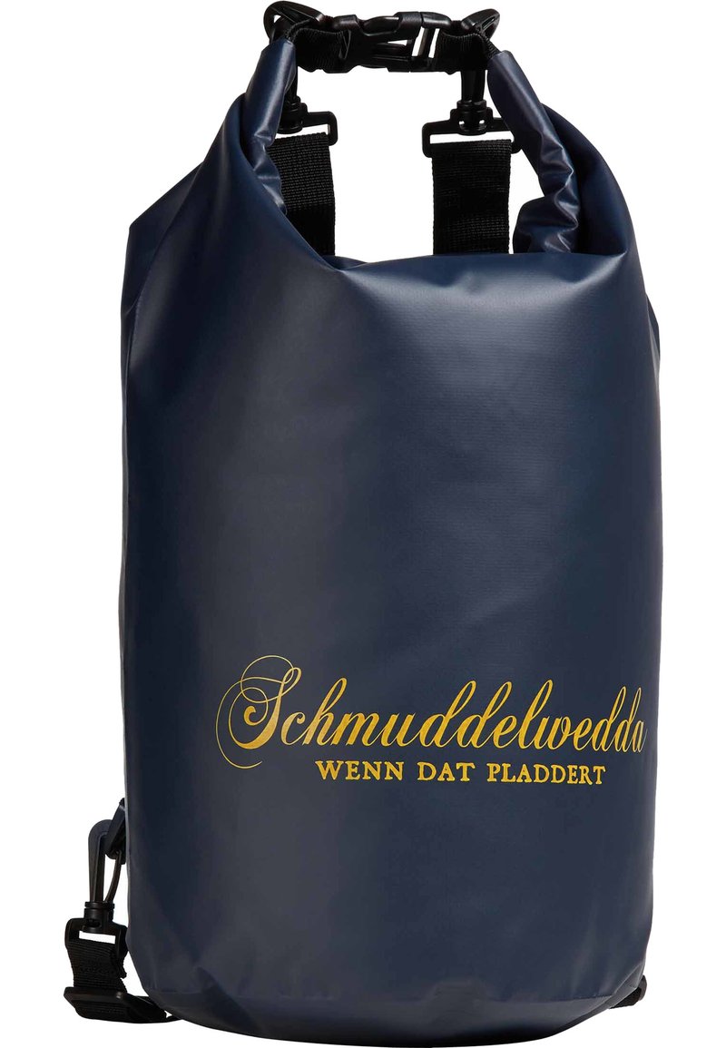 Borsa impermeabile blu con forma rotonda, chiusura arrotolata, tracolla regolabile e testo dorato "Schmuddelwedda WENN DAT PLADDERT."