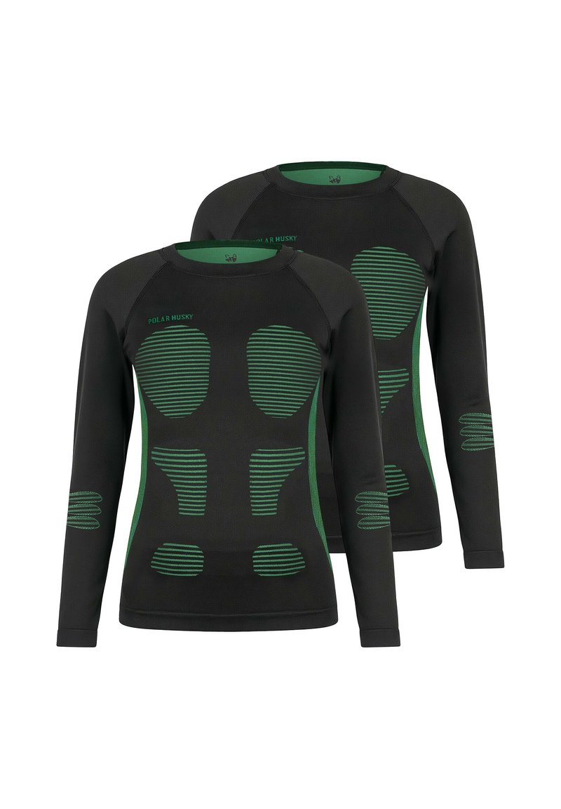Long-sleeve, black compression shirts with green striped detail on shoulders, sides, and sleeves, featuring a round neckline and textured fabric.