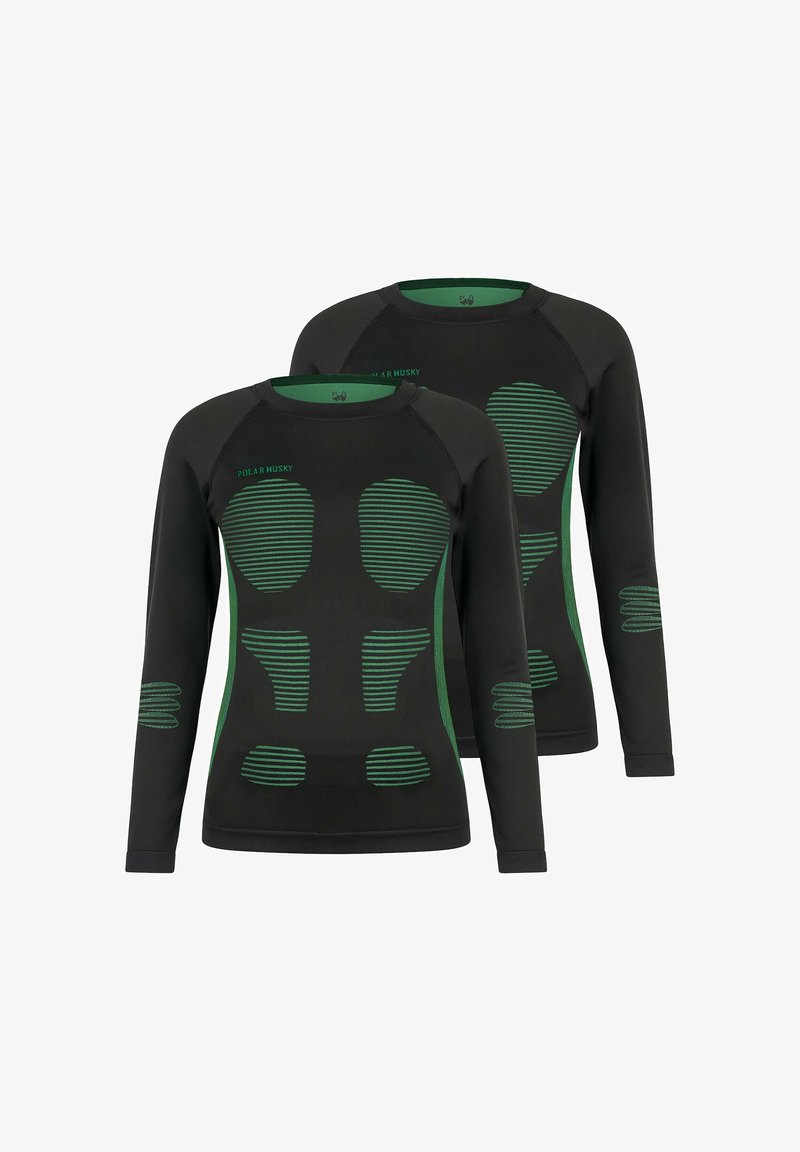 Long-sleeve, black compression shirts with green striped detail on shoulders, sides, and sleeves, featuring a round neckline and textured fabric.