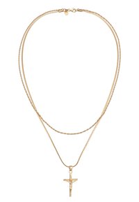 Collana in metallo color oro con due catene—una liscia e una attorcigliata—che presenta un ciondolo a croce dettagliato.