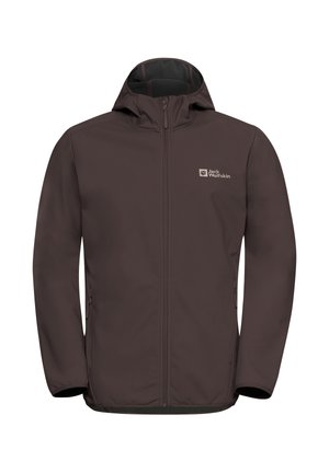 Giacca softshell marrone con cappuccio, zip frontale, polsini elasticizzati e due tasche laterali. Presenta il logo sul lato sinistro del petto. Texture liscia.