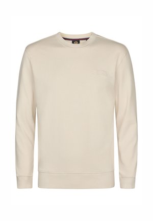 Cremefarbenes Sweatshirt mit langen Ärmeln und Rundhalsausschnitt, mit gerippten Bündchen an Ärmeln und Saum sowie einem dezenten, geprägten Logo auf der linken Brust.