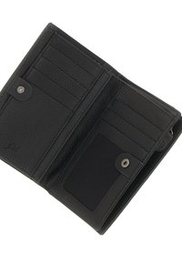 Portafoglio in pelle nera con numerosi scomparti per carte, una tasca in rete per l'ID e una chiusura a scatto sicura per un facile accesso e organizzazione.