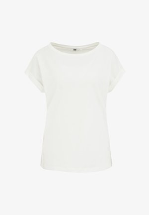 Biała bawełniana koszulka z luźnym krojem, okrągłym dekoltem i podwiniętymi krótkimi rękawami. Gładka tekstura, minimalistyczny design bez widocznych wzorów.