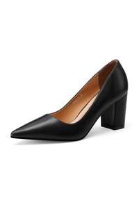 Décolleté in pelle nera con punta affusolata e tacco a blocco. L'interno presenta una fodera beige, che enfatizza una superficie liscia e un design pulito.