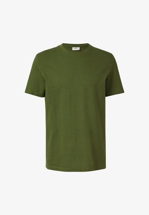 Olijfgroen T-shirt met korte mouwen, gemaakt van gladde stof met een ronde hals en rechte zoom, voorzien van een subtiele gestructureerde afwerking.
