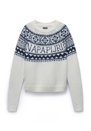 White knitted sweater featuring a navy patterned yoke and "NAPAPIJRI" text. Dropped shoulders and ribbed cuffs add texture and definition.