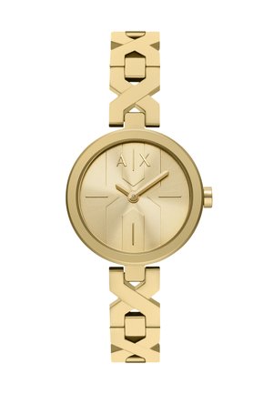 Reloj de tono dorado con esfera redonda, marcas mínimas en la esfera, logotipo "A|X" a las 12 en punto y correa enlazada con elementos de diseño en forma de X.