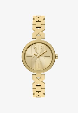 Reloj de tono dorado con esfera redonda, marcas mínimas en la esfera, logotipo "A|X" a las 12 en punto y correa enlazada con elementos de diseño en forma de X.