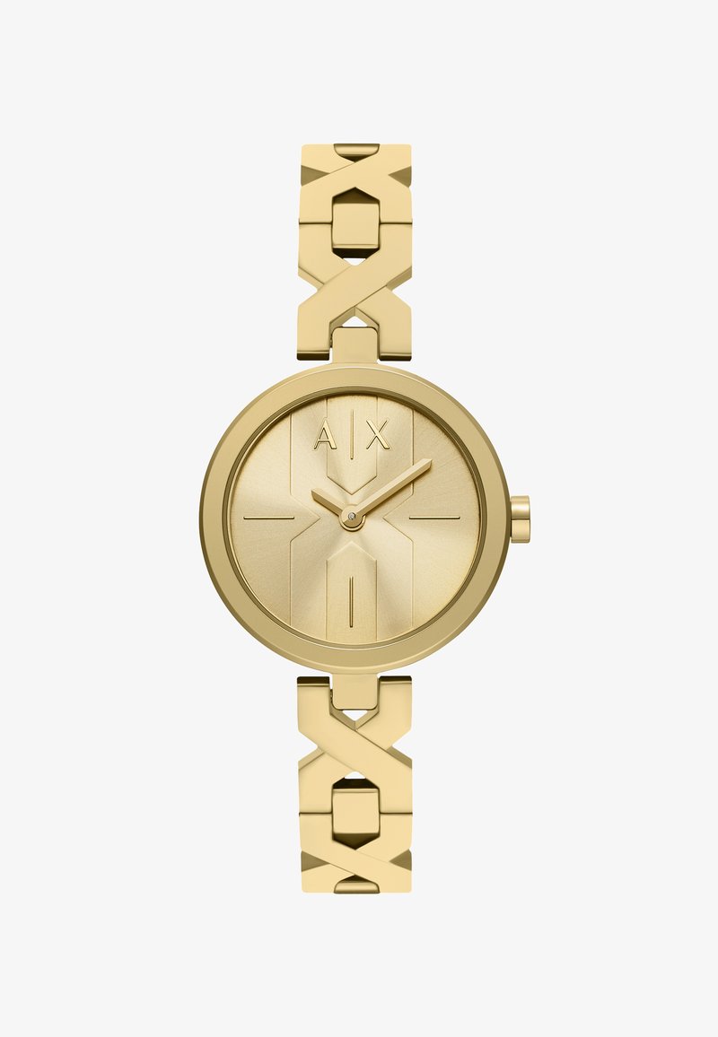 Montre dorée avec un cadran rond, marquages minimaux, logo « A|X » à 12 heures et bracelet à maillons avec des éléments de design en forme de X.