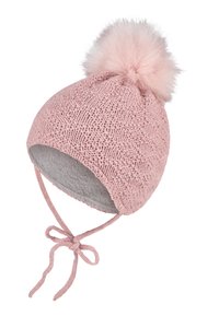 Pink knitted baby hat with ear flaps, tied strings, gray fleece lining, and a fluffy pom-pom on top, isolated on white background.