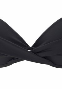 Schwarzer Bikini-Oberteil mit verdrehtem Design in der Mitte, aus glattem Stoff mit nahtlosem Finish. Verstellbare Träger für eine anpassbare Passform.