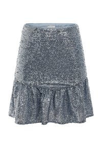 Falda de lentejuelas en azul claro con un dobladillo con volantes, que presenta una superficie texturizada gracias a numerosas lentejuelas metálicas, creando un efecto brillante.