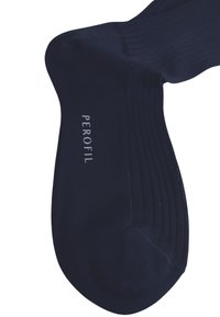 Calzini a coste navy realizzati con un mix di materiali. Caratteristiche includono una texture liscia e un logo visibile "PEROFIL" sul lato.