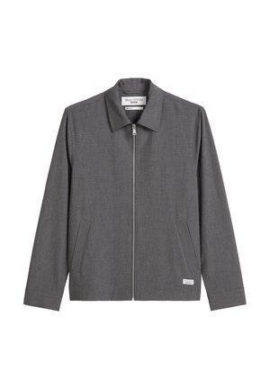 Gray lightweight jacket with a collar, front zip closure, two side pockets, and a subtle textured pattern. Label visible on the hem.