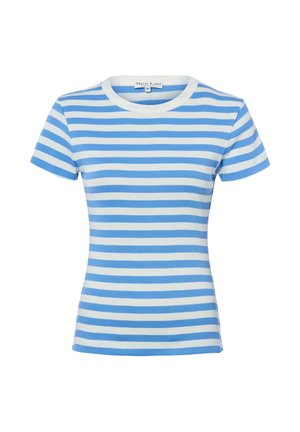 Maglietta aderente a maniche corte con righe orizzontali bianche e blu, scollo rotondo bianco e etichetta "Marie Lund".