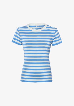 Blau-weiß gestreiftes, kurzärmeliges, eng anliegendes T-Shirt mit weißem Rundhalsausschnitt und "Marie Lund"-Etikett.