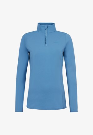 Světle modré dlouhé rukávy s vysokým límcem, polovičním zipem vpředu a hladkou texturou, s logem na hrudi a přilnavým střihem.