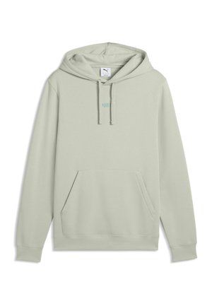 Hellgrauer Puma Hoodie mit Fronttasche, Kordelzug an der Kapuze und kleinem, mittig platziertem Logo auf der Brust.
